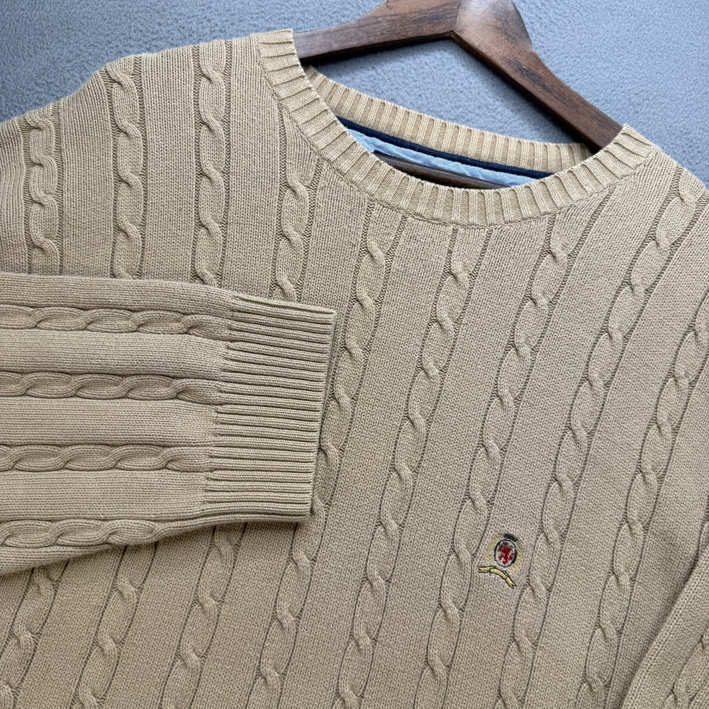 Tommy Hilfiger Cable Knit Sweater Mens XXL Tan Cotton Classic Crest Pullover Y2K